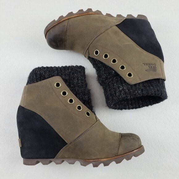 Sorel Joanie Sweater Wedge Boot Women 7.5 Brown Leather Ankle Pull On Waterproof - Picture 5 of 12